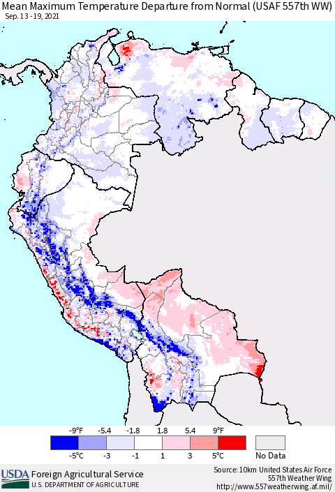 Northern South America Mean Maximum Temperature Departure from Normal (USAF 557th WW) Thematic Map For 9/13/2021 - 9/19/2021