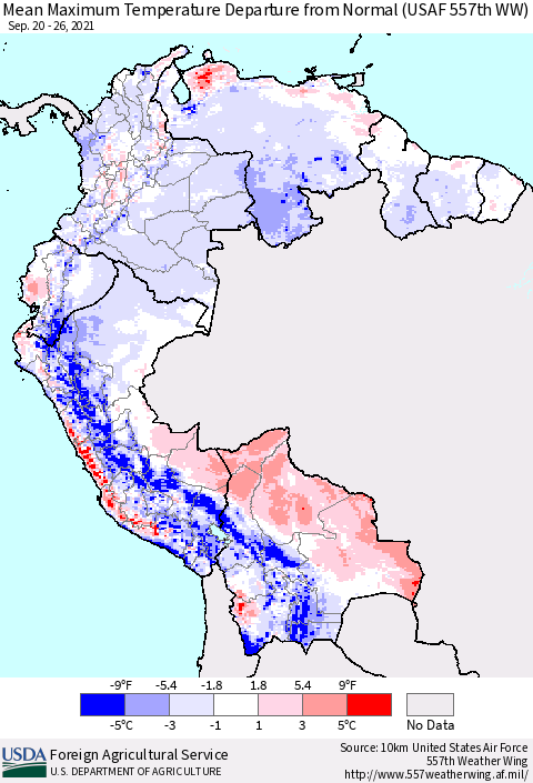 Northern South America Mean Maximum Temperature Departure from Normal (USAF 557th WW) Thematic Map For 9/20/2021 - 9/26/2021