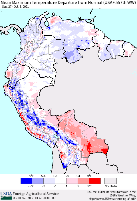 Northern South America Mean Maximum Temperature Departure from Normal (USAF 557th WW) Thematic Map For 9/27/2021 - 10/3/2021