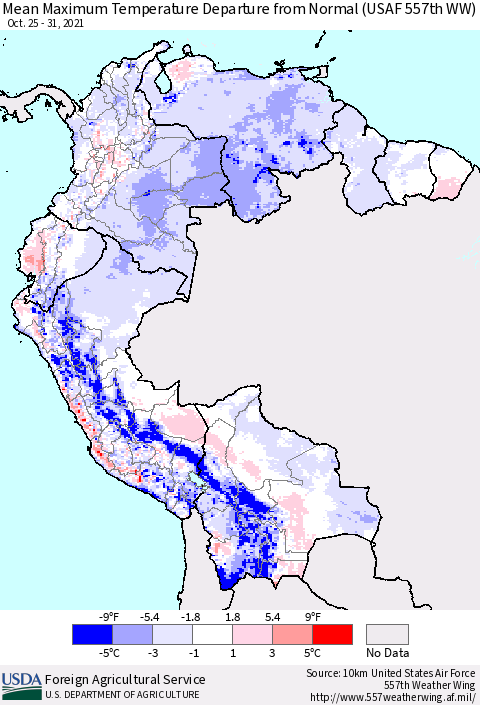 Northern South America Mean Maximum Temperature Departure from Normal (USAF 557th WW) Thematic Map For 10/25/2021 - 10/31/2021