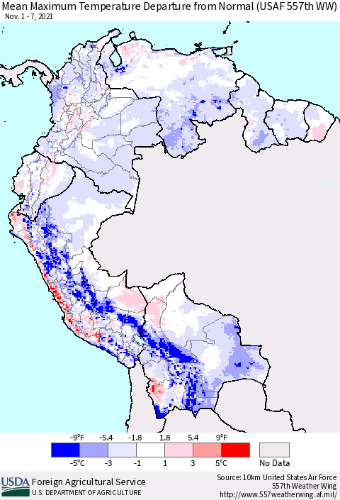 Northern South America Maximum Temperature Departure From Normal (USAF 557th WW) Thematic Map For 11/1/2021 - 11/7/2021