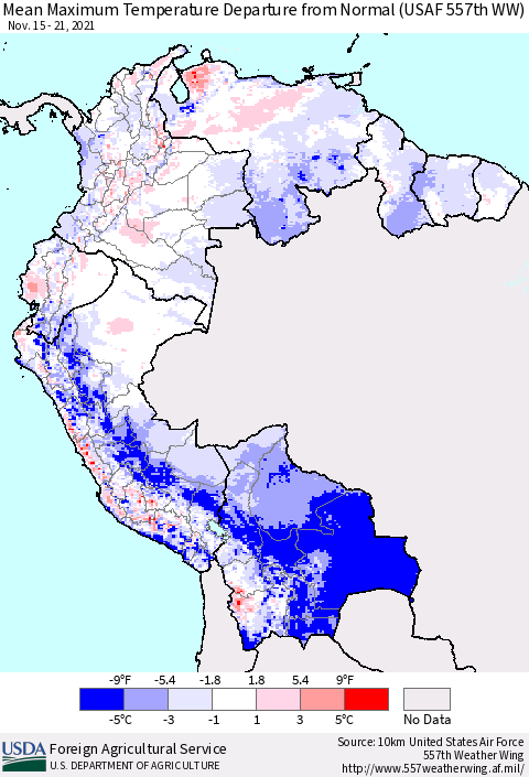 Northern South America Maximum Temperature Departure From Normal (USAF 557th WW) Thematic Map For 11/15/2021 - 11/21/2021