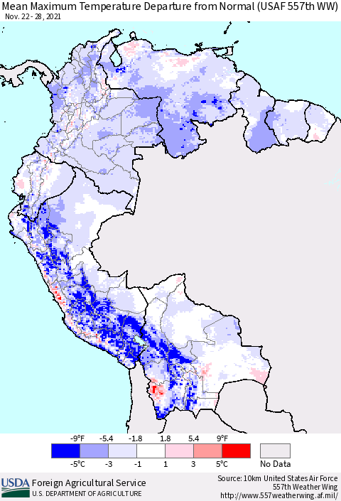 Northern South America Maximum Temperature Departure From Normal (USAF 557th WW) Thematic Map For 11/22/2021 - 11/28/2021