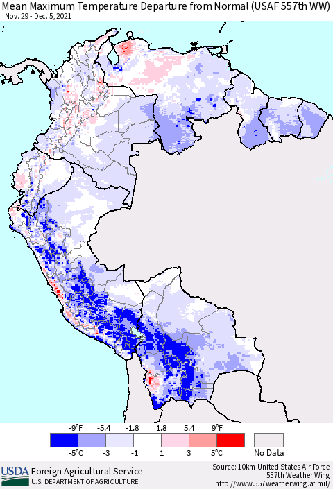 Northern South America Mean Maximum Temperature Departure from Normal (USAF 557th WW) Thematic Map For 11/29/2021 - 12/5/2021
