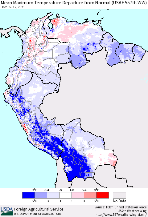 Northern South America Maximum Temperature Departure From Normal (USAF 557th WW) Thematic Map For 12/6/2021 - 12/12/2021