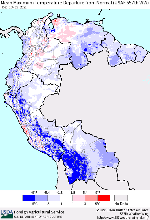 Northern South America Maximum Temperature Departure From Normal (USAF 557th WW) Thematic Map For 12/13/2021 - 12/19/2021