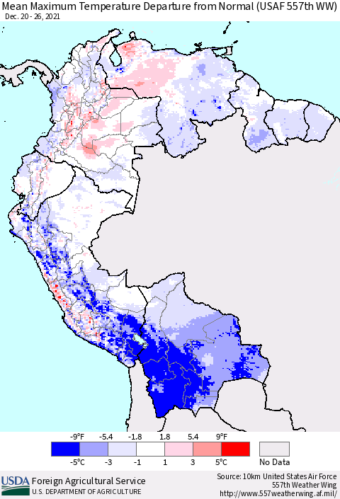Northern South America Maximum Temperature Departure From Normal (USAF 557th WW) Thematic Map For 12/20/2021 - 12/26/2021