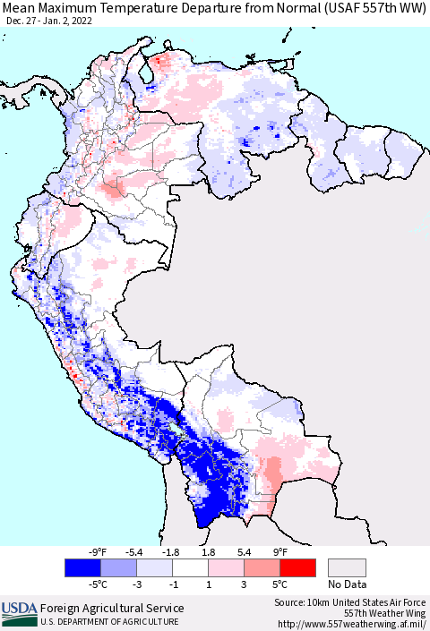 Northern South America Maximum Temperature Departure From Normal (USAF 557th WW) Thematic Map For 12/27/2021 - 1/2/2022