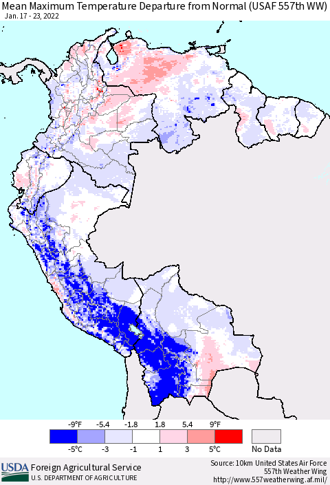 Northern South America Maximum Temperature Departure From Normal (USAF 557th WW) Thematic Map For 1/17/2022 - 1/23/2022