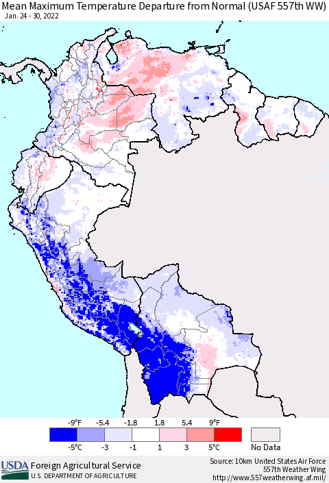 Northern South America Maximum Temperature Departure From Normal (USAF 557th WW) Thematic Map For 1/24/2022 - 1/30/2022