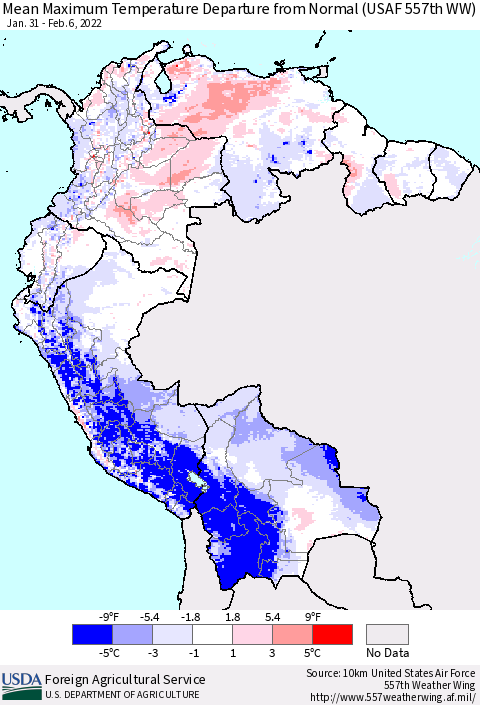 Northern South America Maximum Temperature Departure From Normal (USAF 557th WW) Thematic Map For 1/31/2022 - 2/6/2022