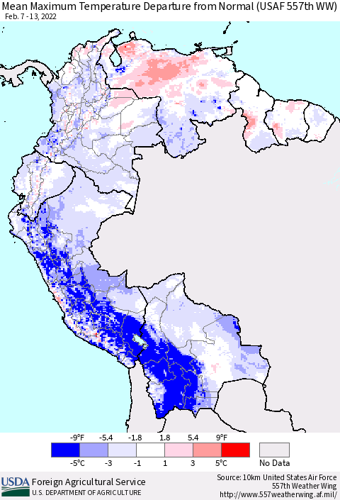 Northern South America Maximum Temperature Departure From Normal (USAF 557th WW) Thematic Map For 2/7/2022 - 2/13/2022