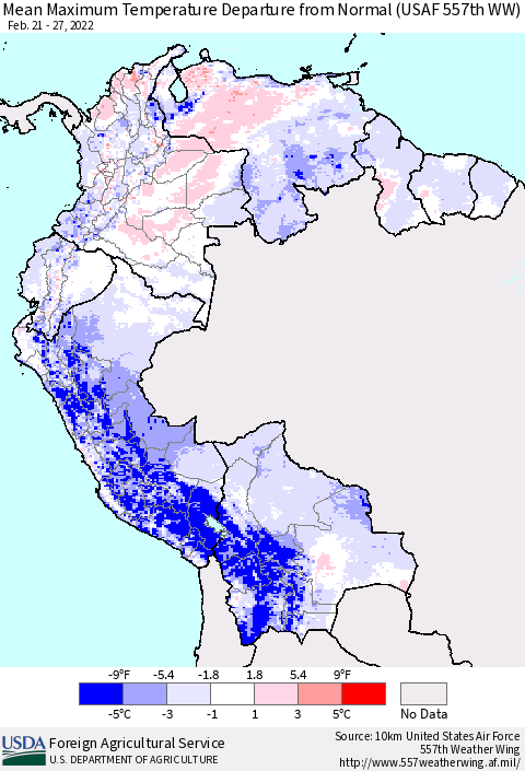 Northern South America Maximum Temperature Departure From Normal (USAF 557th WW) Thematic Map For 2/21/2022 - 2/27/2022