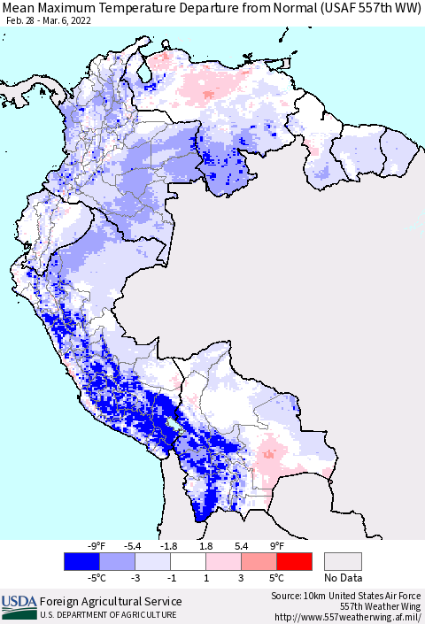 Northern South America Maximum Temperature Departure From Normal (USAF 557th WW) Thematic Map For 2/28/2022 - 3/6/2022