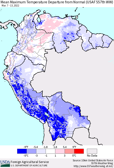 Northern South America Mean Maximum Temperature Departure from Normal (USAF 557th WW) Thematic Map For 3/7/2022 - 3/13/2022