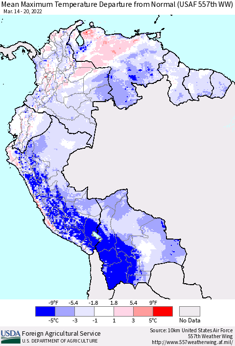 Northern South America Maximum Temperature Departure From Normal (USAF 557th WW) Thematic Map For 3/14/2022 - 3/20/2022