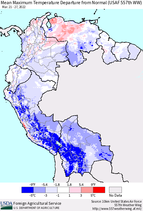 Northern South America Mean Maximum Temperature Departure from Normal (USAF 557th WW) Thematic Map For 3/21/2022 - 3/27/2022