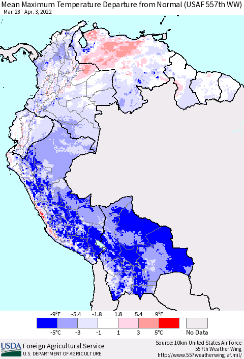 Northern South America Mean Maximum Temperature Departure from Normal (USAF 557th WW) Thematic Map For 3/28/2022 - 4/3/2022