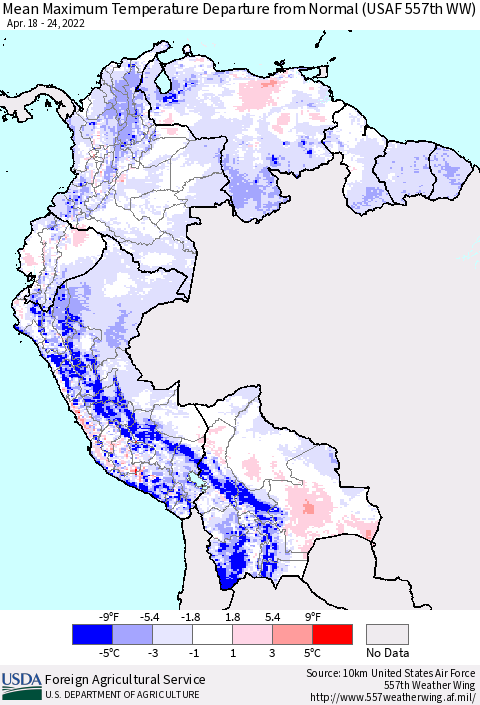 Northern South America Maximum Temperature Departure From Normal (USAF 557th WW) Thematic Map For 4/18/2022 - 4/24/2022