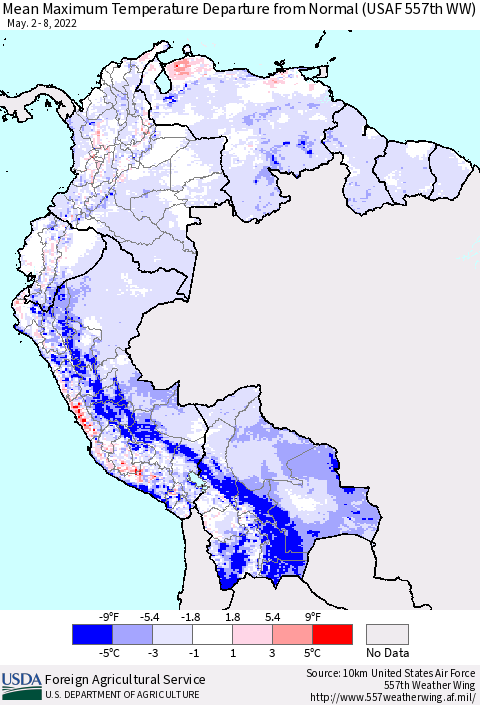 Northern South America Mean Maximum Temperature Departure from Normal (USAF 557th WW) Thematic Map For 5/2/2022 - 5/8/2022