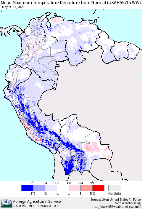Northern South America Maximum Temperature Departure From Normal (USAF 557th WW) Thematic Map For 5/9/2022 - 5/15/2022