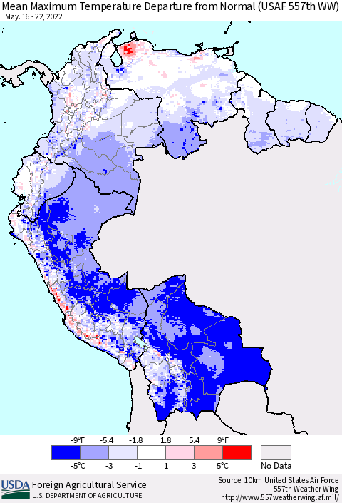 Northern South America Maximum Temperature Departure From Normal (USAF 557th WW) Thematic Map For 5/16/2022 - 5/22/2022