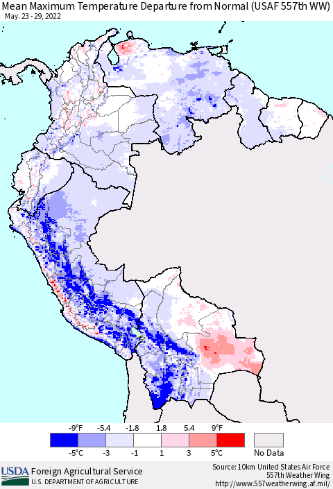 Northern South America Maximum Temperature Departure From Normal (USAF 557th WW) Thematic Map For 5/23/2022 - 5/29/2022