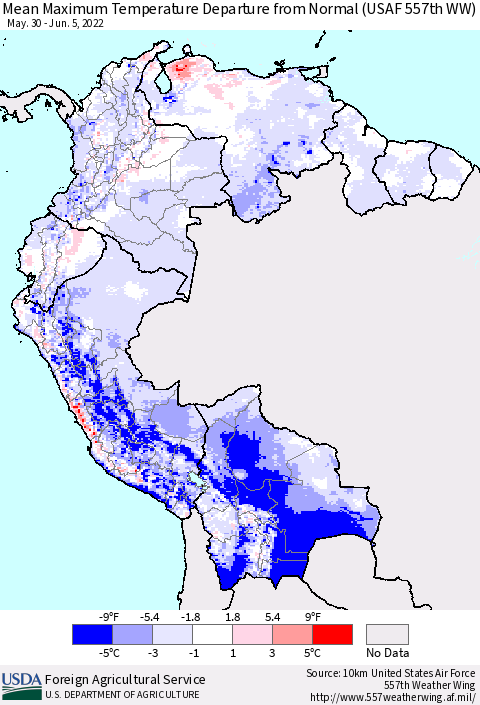 Northern South America Mean Maximum Temperature Departure from Normal (USAF 557th WW) Thematic Map For 5/30/2022 - 6/5/2022