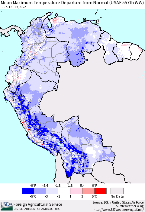 Northern South America Maximum Temperature Departure From Normal (USAF 557th WW) Thematic Map For 6/13/2022 - 6/19/2022