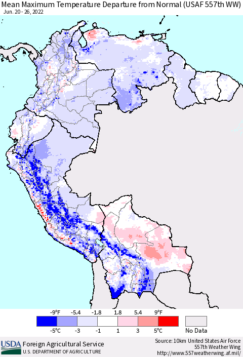 Northern South America Mean Maximum Temperature Departure from Normal (USAF 557th WW) Thematic Map For 6/20/2022 - 6/26/2022