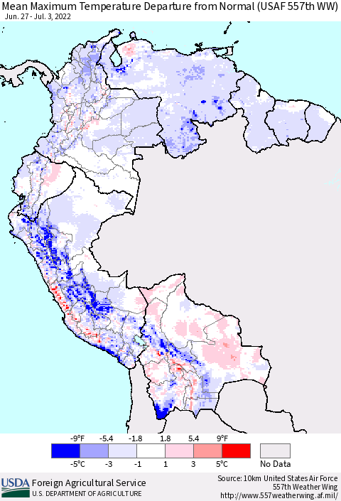 Northern South America Mean Maximum Temperature Departure from Normal (USAF 557th WW) Thematic Map For 6/27/2022 - 7/3/2022