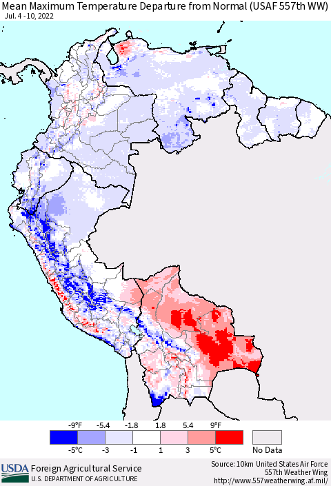 Northern South America Mean Maximum Temperature Departure from Normal (USAF 557th WW) Thematic Map For 7/4/2022 - 7/10/2022
