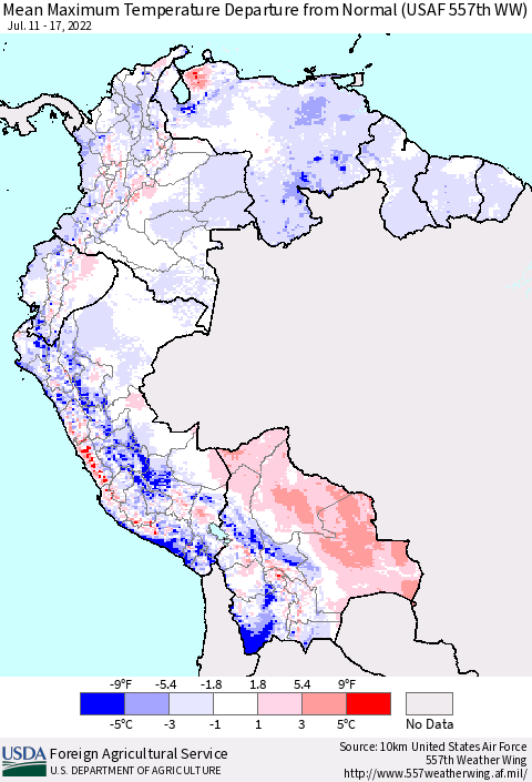 Northern South America Mean Maximum Temperature Departure from Normal (USAF 557th WW) Thematic Map For 7/11/2022 - 7/17/2022