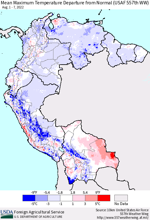 Northern South America Mean Maximum Temperature Departure from Normal (USAF 557th WW) Thematic Map For 8/1/2022 - 8/7/2022