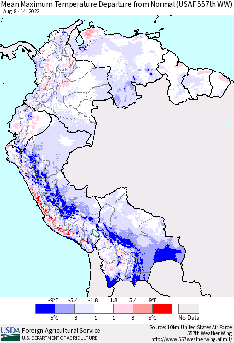 Northern South America Mean Maximum Temperature Departure from Normal (USAF 557th WW) Thematic Map For 8/8/2022 - 8/14/2022