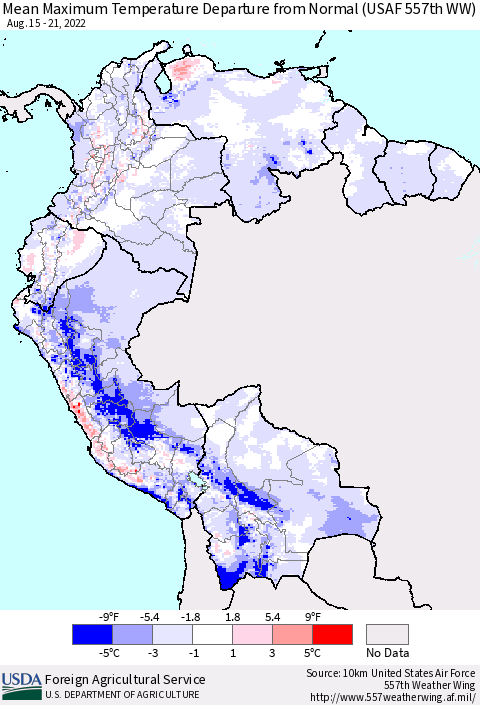 Northern South America Mean Maximum Temperature Departure from Normal (USAF 557th WW) Thematic Map For 8/15/2022 - 8/21/2022