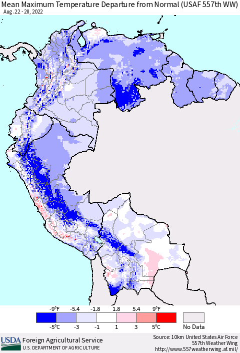 Northern South America Mean Maximum Temperature Departure from Normal (USAF 557th WW) Thematic Map For 8/22/2022 - 8/28/2022