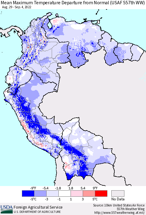 Northern South America Mean Maximum Temperature Departure from Normal (USAF 557th WW) Thematic Map For 8/29/2022 - 9/4/2022