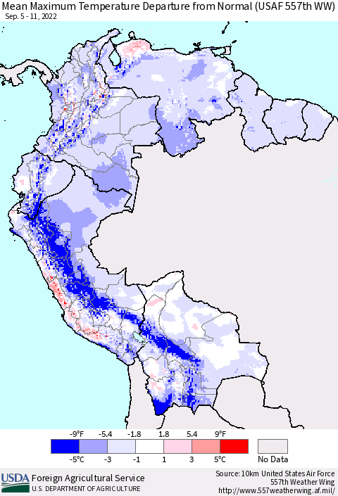 Northern South America Mean Maximum Temperature Departure from Normal (USAF 557th WW) Thematic Map For 9/5/2022 - 9/11/2022