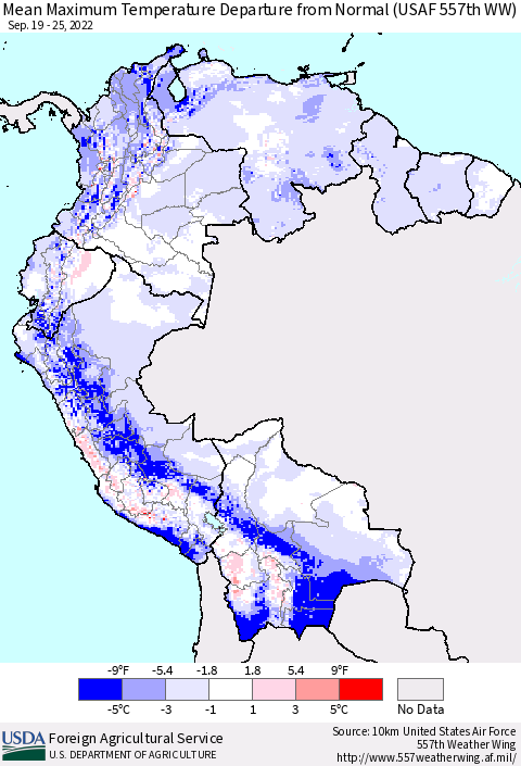Northern South America Mean Maximum Temperature Departure from Normal (USAF 557th WW) Thematic Map For 9/19/2022 - 9/25/2022