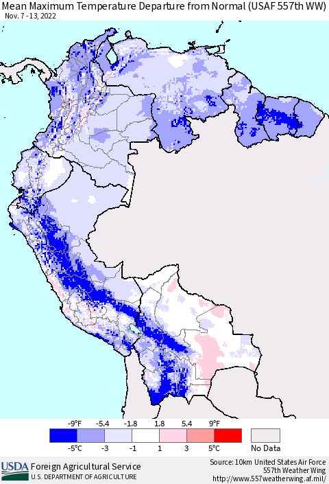 Northern South America Mean Maximum Temperature Departure from Normal (USAF 557th WW) Thematic Map For 11/7/2022 - 11/13/2022