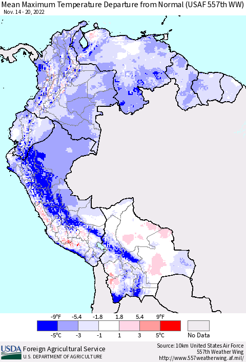 Northern South America Mean Maximum Temperature Departure from Normal (USAF 557th WW) Thematic Map For 11/14/2022 - 11/20/2022