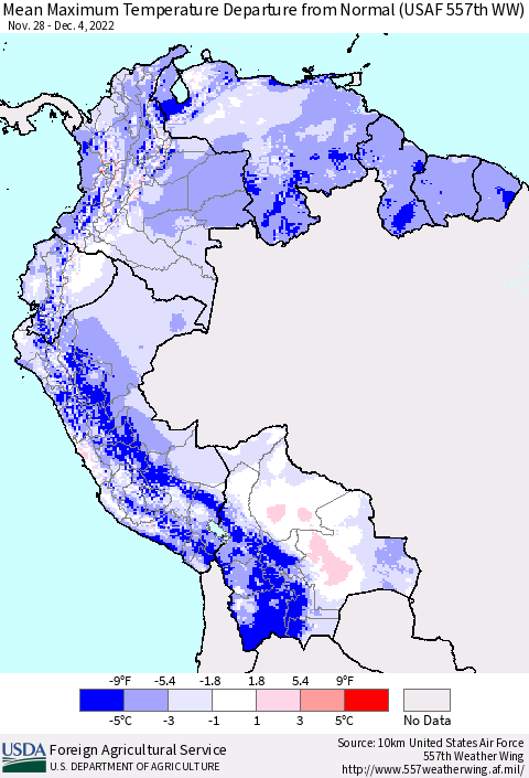 Northern South America Mean Maximum Temperature Departure from Normal (USAF 557th WW) Thematic Map For 11/28/2022 - 12/4/2022