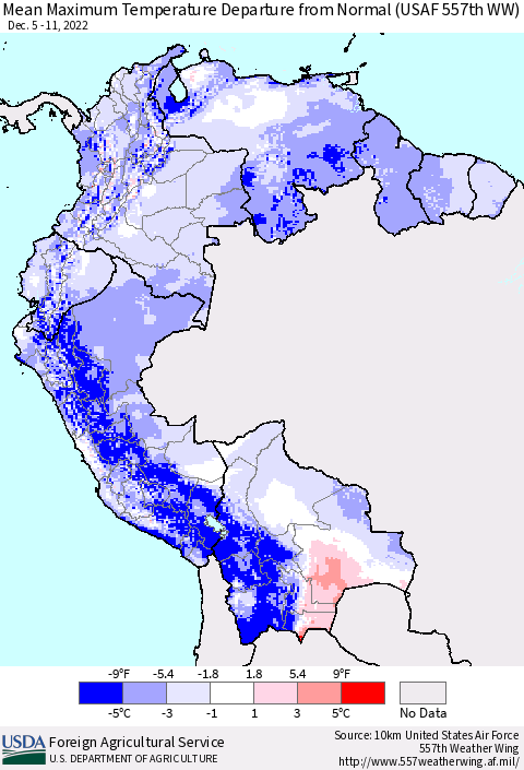 Northern South America Mean Maximum Temperature Departure from Normal (USAF 557th WW) Thematic Map For 12/5/2022 - 12/11/2022