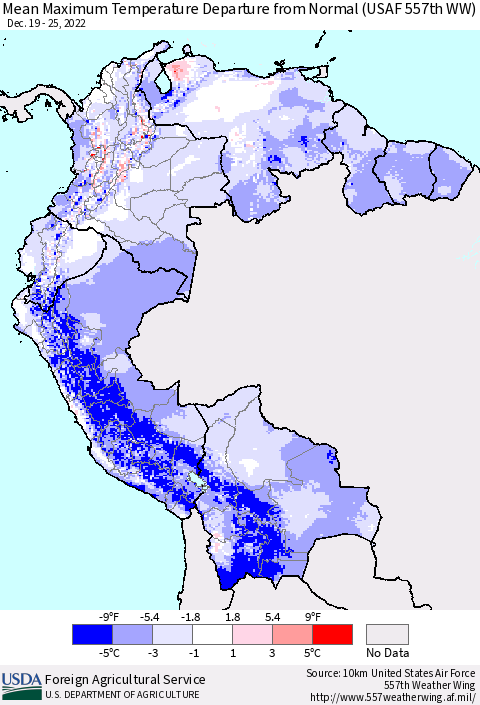 Northern South America Mean Maximum Temperature Departure from Normal (USAF 557th WW) Thematic Map For 12/19/2022 - 12/25/2022