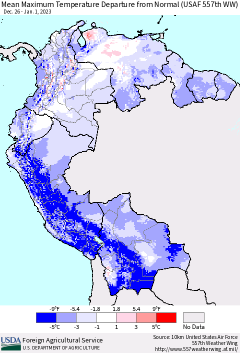 Northern South America Mean Maximum Temperature Departure from Normal (USAF 557th WW) Thematic Map For 12/26/2022 - 1/1/2023