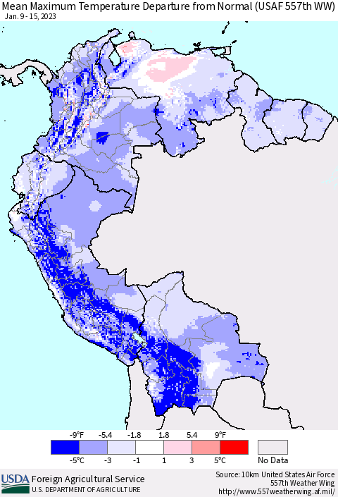 Northern South America Mean Maximum Temperature Departure from Normal (USAF 557th WW) Thematic Map For 1/9/2023 - 1/15/2023