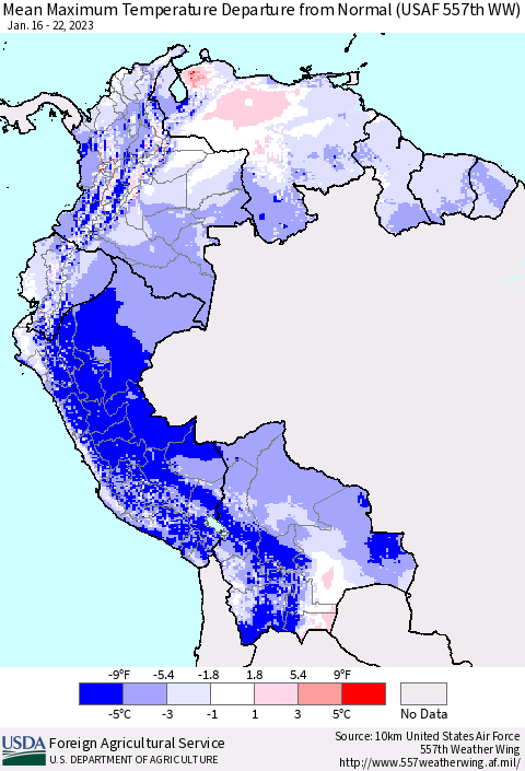 Northern South America Mean Maximum Temperature Departure from Normal (USAF 557th WW) Thematic Map For 1/16/2023 - 1/22/2023