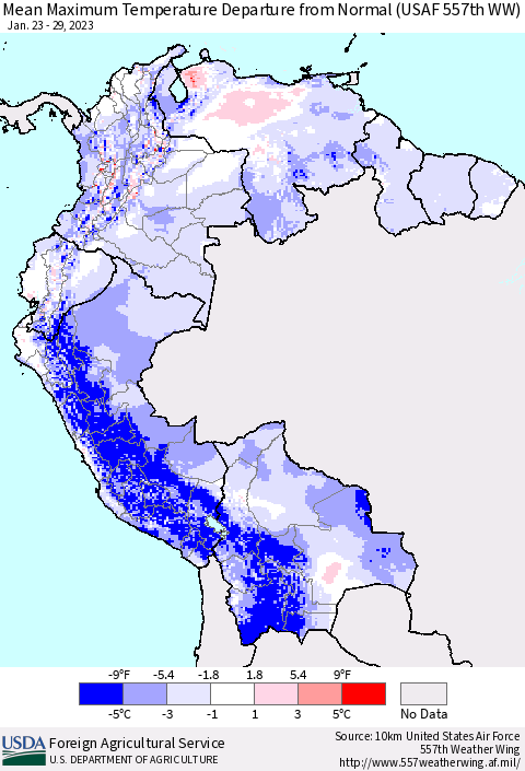 Northern South America Mean Maximum Temperature Departure from Normal (USAF 557th WW) Thematic Map For 1/23/2023 - 1/29/2023