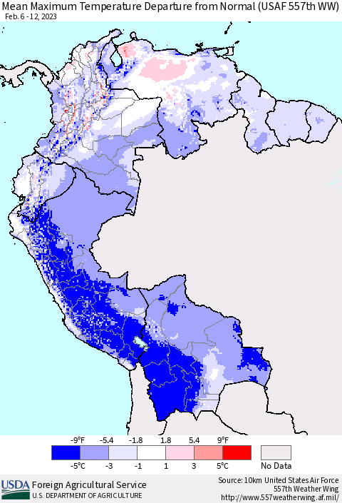 Northern South America Mean Maximum Temperature Departure from Normal (USAF 557th WW) Thematic Map For 2/6/2023 - 2/12/2023